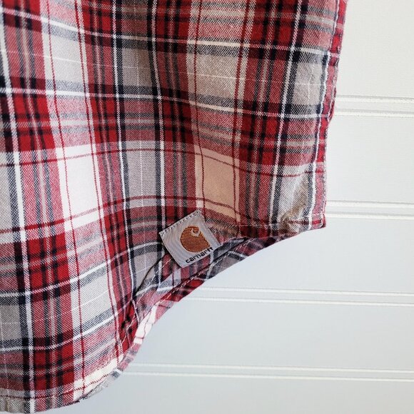 Carhartt Shirt Mens Medium Red Plaid Short Sleeve Button Down Relaxed Fit Cotton - Picture 4 of 7